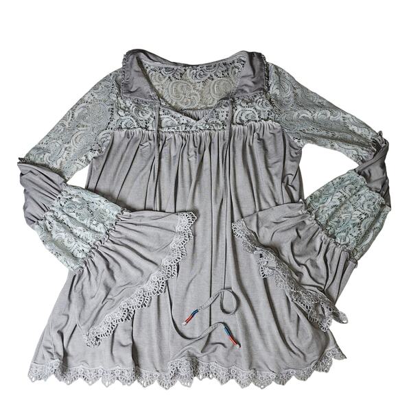 Pol Grey Whimseygoth Lace Boho Statement Sleeve Feminine Bell Sleeve Tunic top M - Picture 2 of 13
